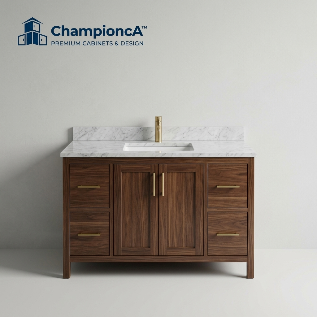 Championca™ Walnut Marble-Top Bathroom Vanity Cabinet