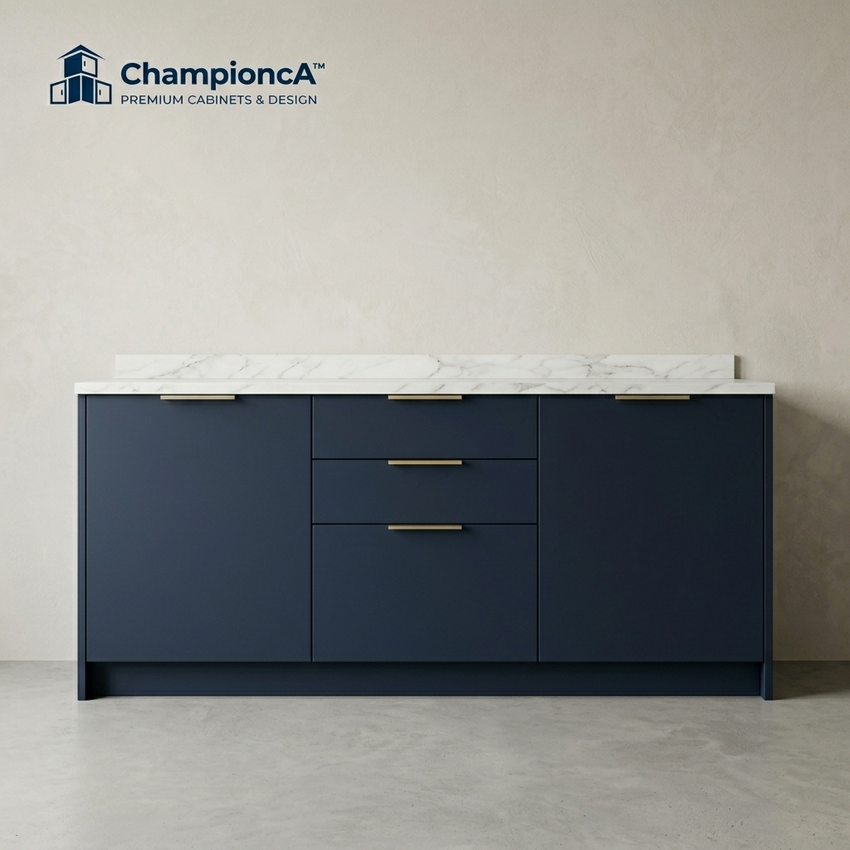 Championca™ Navy Stone-Top Storage Sideboard Cabinet